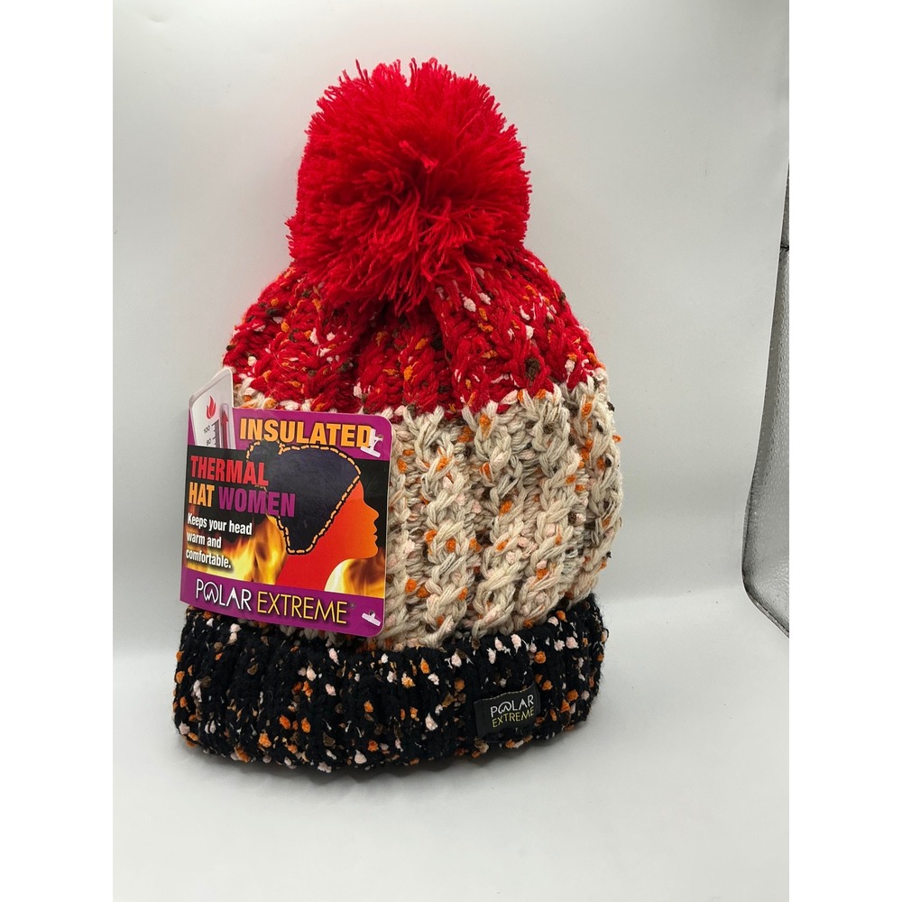 Polar Extreme Women Insulated Thermal Hat Beanie Pom Pom Red Cream Black